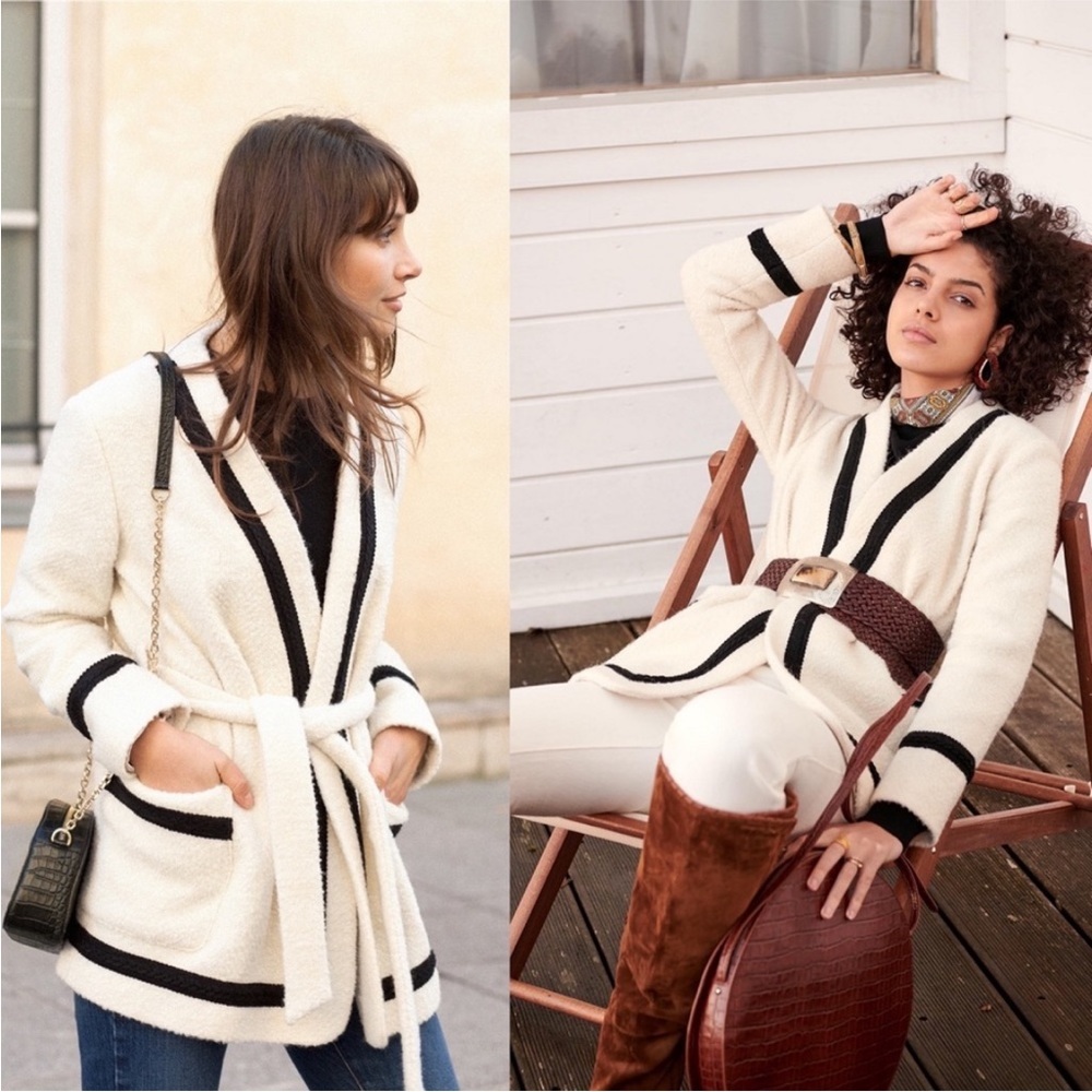 SEZANE Mike wrap Coat black cream cardigan sweater jacket in Ecru size 38